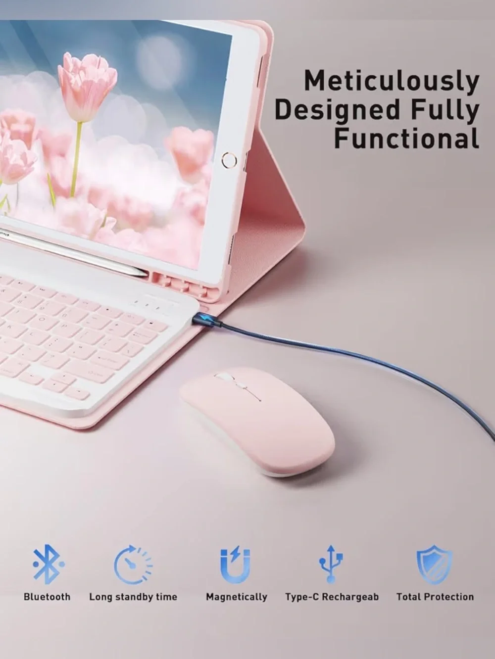 Mouse and Detachable Keyboard for iPad Pro 9.7, Slim Case with Pen Holder - Pink